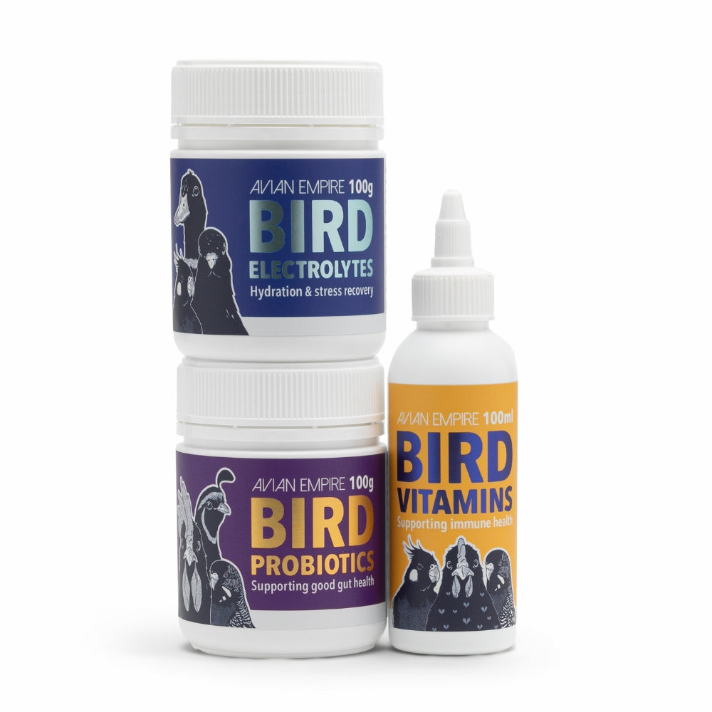Three bottles of Avian Empire bird health products on a white background