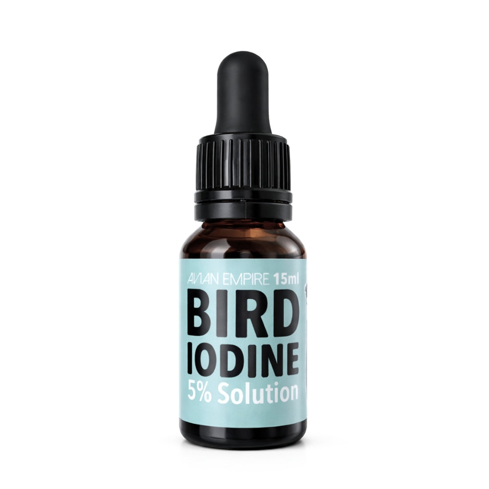 Bottle of Bird Iodine 5% Solution with dropper on a white background