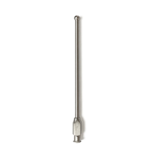 Metal tool with a cylindrical head and threaded shaft on a white background