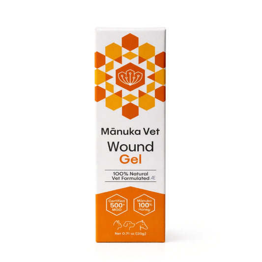 Manuka Vet Wound Gel packaging with geometric design on a white background