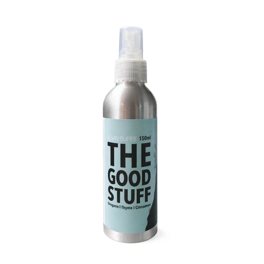 Bottle labeled 'The Good Stuff' on a white background