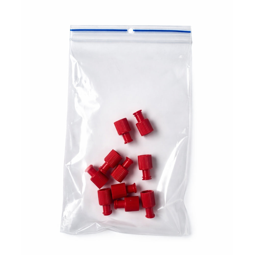 Clear plastic bag with red connectors on a white background