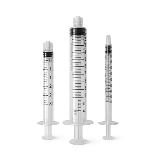Three medical syringes of different sizes on a white background