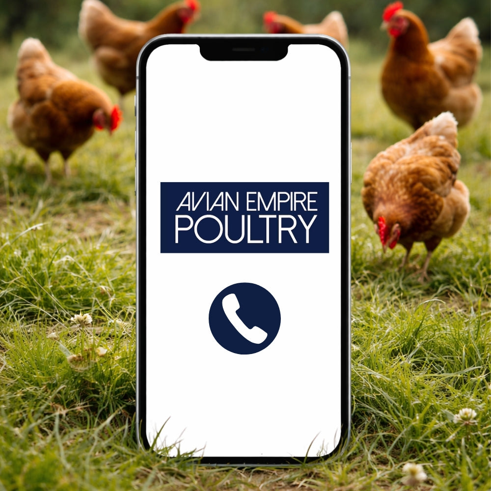 Phone displaying 'Avian Empire Poultry' logo with chickens in the background